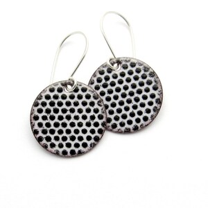 white round enamel earrings with small black polka dots, dangle earrings with sterling silver earwires