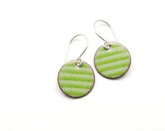 Green Striped Earrings with Sterling Silver Earwires, Lightweight Enamel Earrings