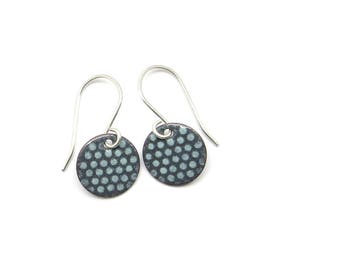 Small Gray Earrings with Mint Polka Dots and Sterling Silver Earwires, Lightweight Enamel Jewelry Earrings