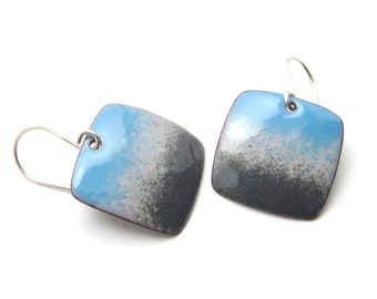 Gray and Blue Dangle Earrings, Modern Enamel Earrings with Sterling Silver Earwires