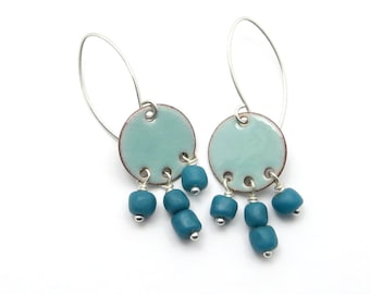 Turquoise Green Dangle Earrings with Teal Glass Beads and Sterling Silver Earwires