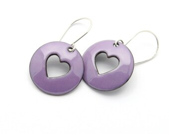 Purple Heart Earrings with Sterling Silver Earwires, Lightweight Enamel Earrings