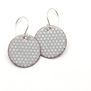 gray round enamel earrings with small white polka dots, dangle earrings with sterling silver earwires