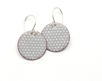 Gray Polka Dot Earrings with Sterling Silver Earwires, Round Enamel Earrings