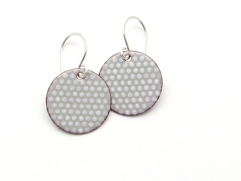 gray round enamel earrings with small white polka dots, dangle earrings with sterling silver earwires