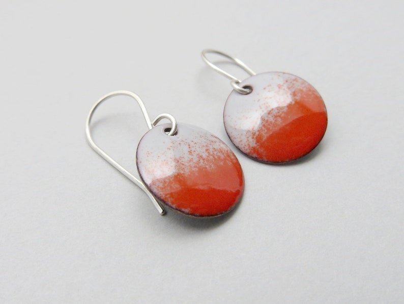 Small Gray and Red Dangle Earrings with Sterling Silver Earwires, Enamel Earrings image 6