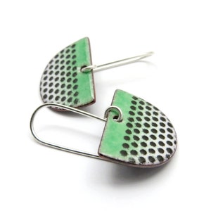 Green Dangle Earrings with Black Polka Dots and Sterling Silver Earwires, Modern Enamel Jewelry