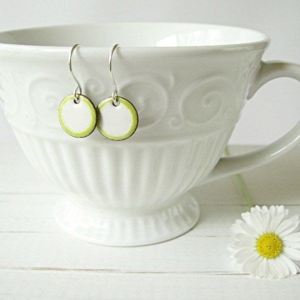 Small Enamel Earrings, Copper And Sterling Silver, White And Lime Green - Candies