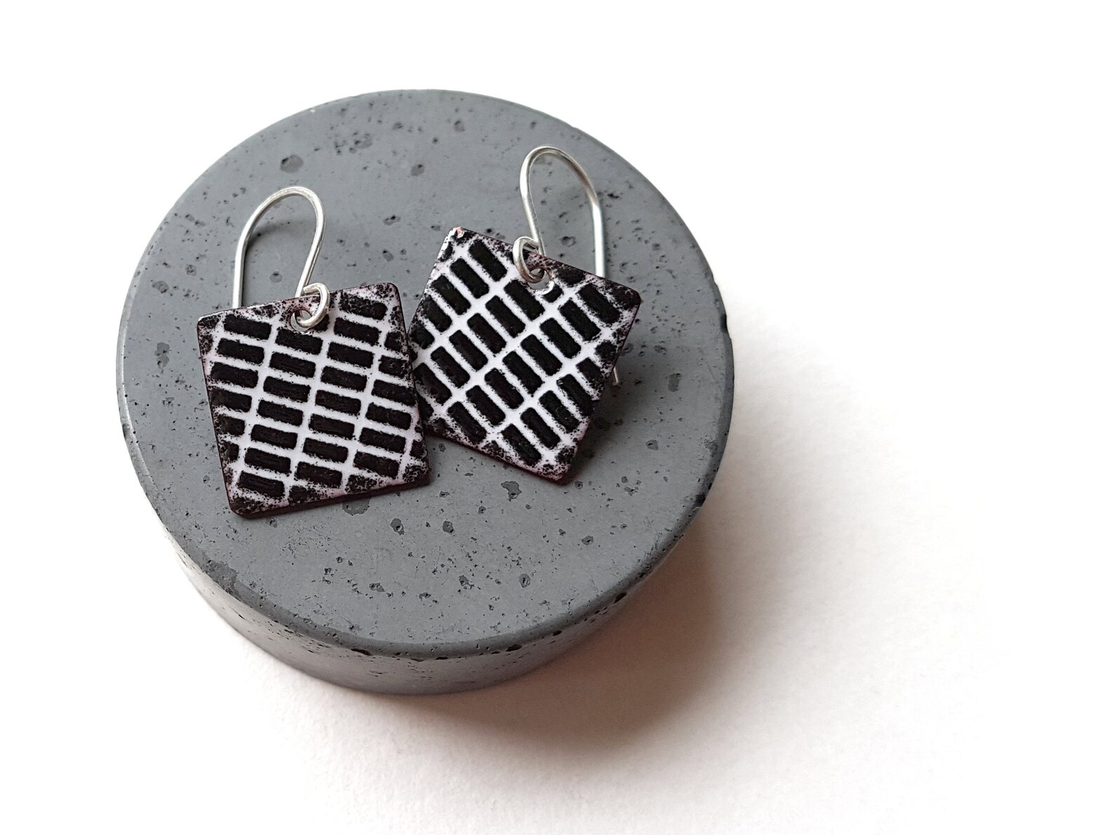 Black and White Square Earrings With Sterling Silver Earwires, Modern