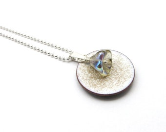 Small Flower Necklace, Speckled Beige and White Pendant with Aurora Borealis Glass Flower on Delicate Sterling Silver Chain