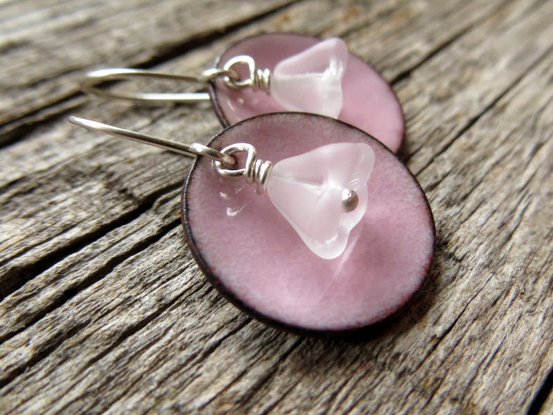Pink Flower Earrings with Pastel Enamel, Frosted Glass Flowers and Sterling Silver Earwires image 4
