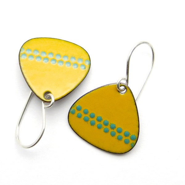 Mustard Yellow Earrings - Yellow Enamel Earrings - Green Polka Dots - Enamel Jewelry - Enamel on Copper