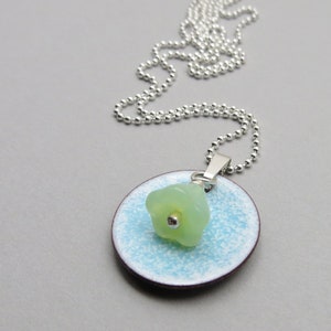 Small Flower Necklace, Blue Pendant with Mint Green Flower Bead on Delicate Sterling Silver Chain image 4