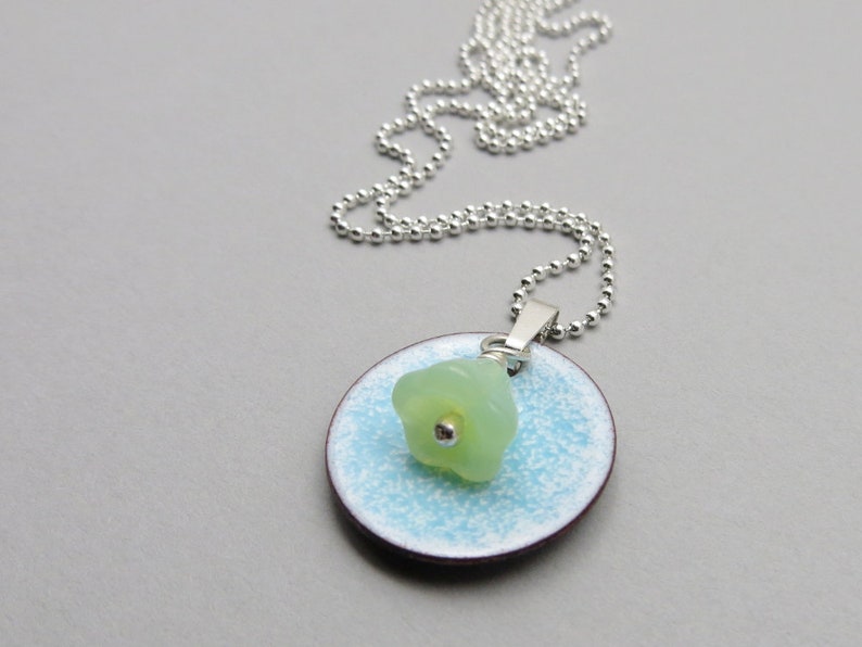 Small Flower Necklace, Blue Pendant with Mint Green Flower Bead on Delicate Sterling Silver Chain image 4