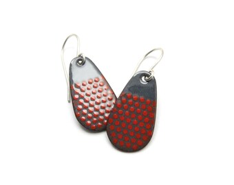 Gray Teardrop Earrings with Red Polka Dots, Enamel Earrings with Sterling Silver Earwires