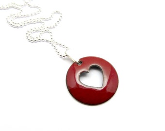 Dark Red Heart Necklace, Lightweight Pendant with Delicate Sterling Silver Chain
