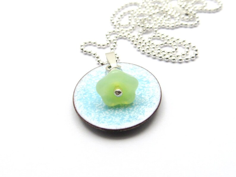 Small Flower Necklace, Blue Pendant with Mint Green Flower Bead on Delicate Sterling Silver Chain image 2