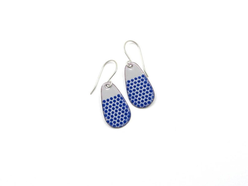 Royal Blue Drop Earrings, Gray and Blue Enamel on Copper with Sterling Silver Earwires image 3