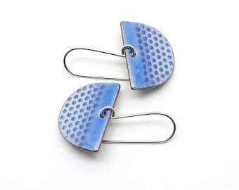 Blue Dangle Earrings with Polka Dots and Sterling Silver Earwires, Modern Enamel Jewelry