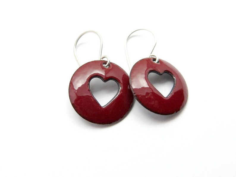 Dark Red Heart Earrings with Sterling Silver Earwires, Lightweight Enamel Earrings image 3