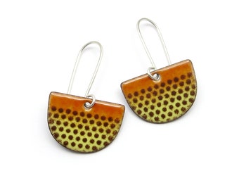 Amber Colored, Brown and Yellow Half Circle Earrings with Polka Dots and Sterling Silver Earwires