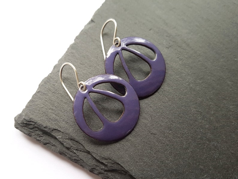 Purple Dangle Earrings with Sterling Silver Earwires, Modern Enamel Jewelry image 5