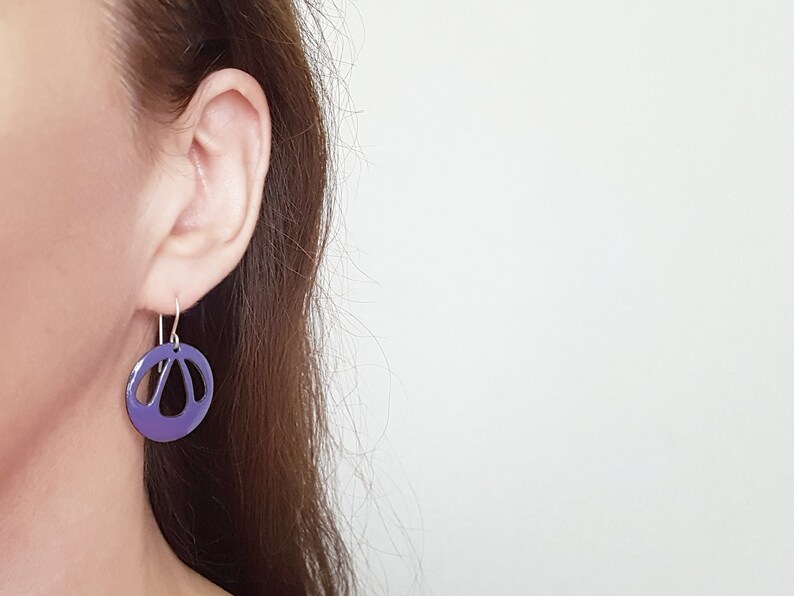 Purple Dangle Earrings with Sterling Silver Earwires, Modern Enamel Jewelry image 4