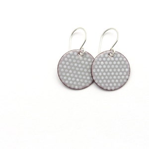 gray round enamel earrings with small white polka dots, dangle earrings with sterling silver earwires