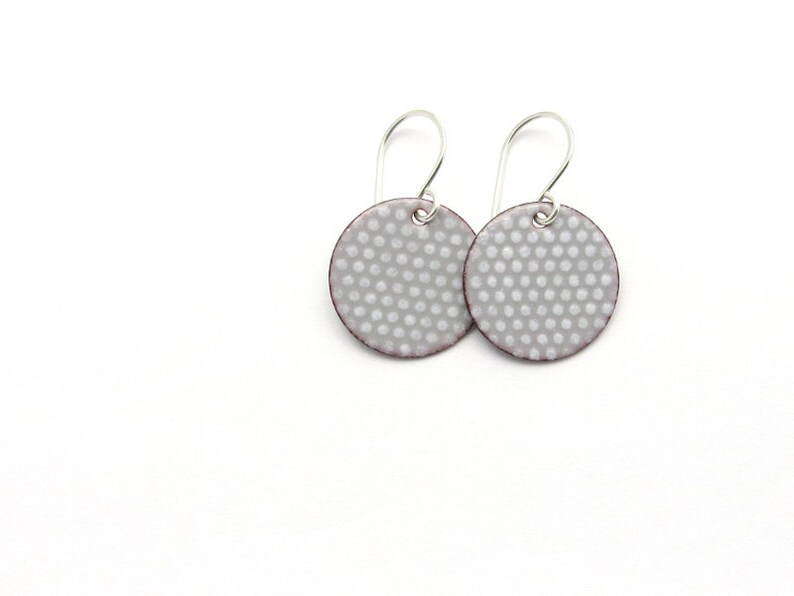 gray round enamel earrings with small white polka dots, dangle earrings with sterling silver earwires