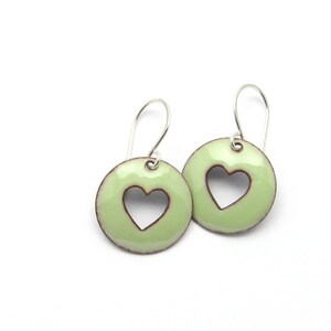 Pastel Green Heart Earrings with Sterling Silver Earwires, Enamel Jewelry image 3