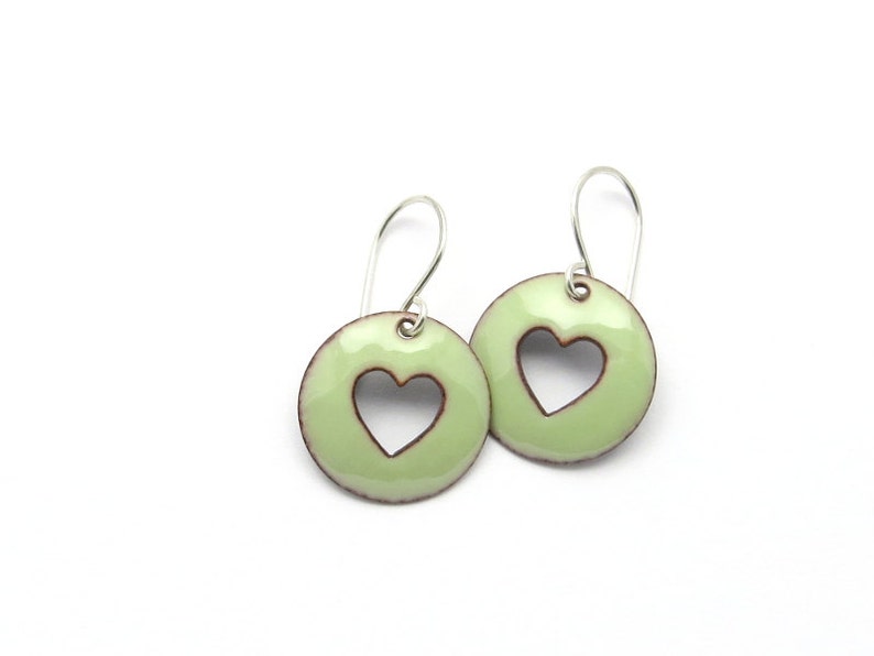 Pastel Green Heart Earrings with Sterling Silver Earwires, Enamel Jewelry image 3