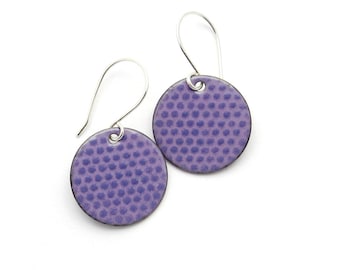 Purple Enamel Earrings, Polka Dot Earrings with Sterling Silver Earwires