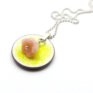 Small Flower Necklace, Yellow Pendant with Pink Flower Bead on Delicate Sterling Silver Chain