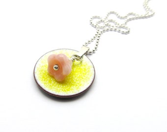 Small Flower Necklace, Yellow Pendant with Pink Flower Bead on Delicate Sterling Silver Chain
