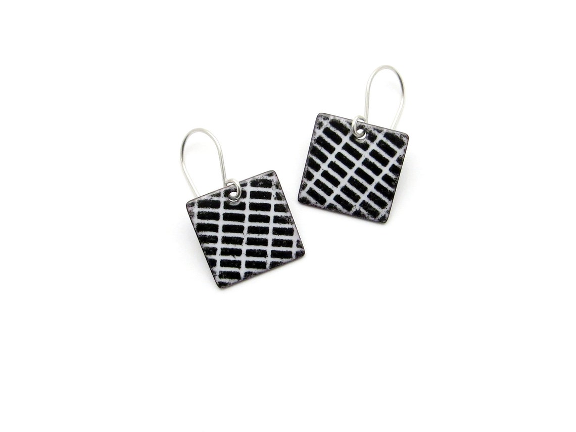 Black and White Square Earrings With Sterling Silver Earwires, Modern