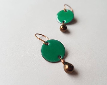 Emerald Green Dangle Earrings with Bronze Glass Teardrops, Enamel on Copper Earrings