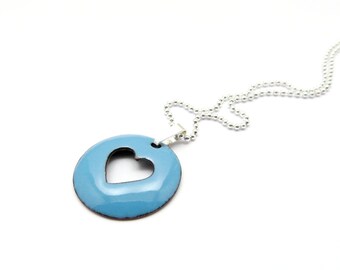 Blue Heart Necklace, Lightweight Enamel Pendant on Sterling Silver Chain