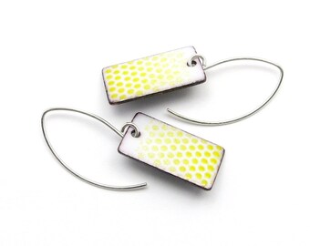 White Rectangle Earrings with Yellow Ombre Polka Dots, Enamel on Copper with Sterling Silver Earwires