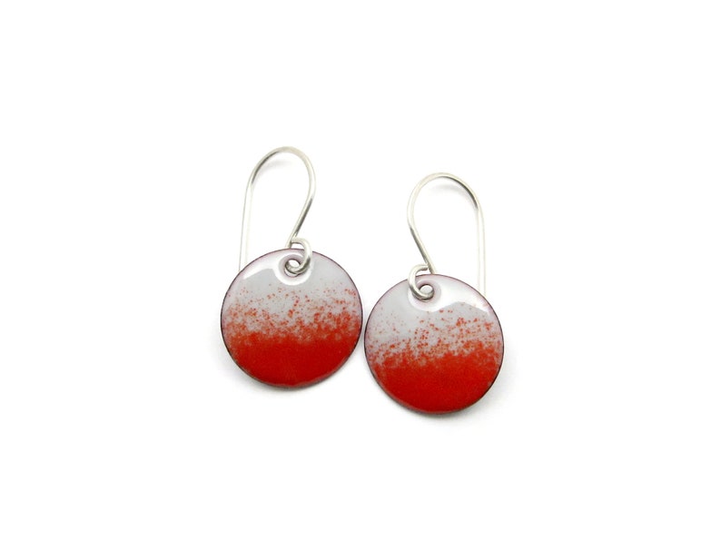 Small Gray and Red Dangle Earrings with Sterling Silver Earwires, Enamel Earrings image 3