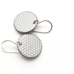 gray round enamel earrings with small white polka dots, dangle earrings with sterling silver earwires