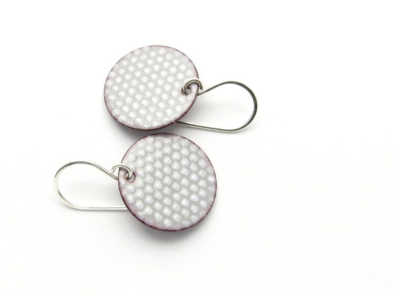 gray round enamel earrings with small white polka dots, dangle earrings with sterling silver earwires