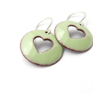 Pastel Green Heart Earrings with Sterling Silver Earwires, Enamel Jewelry image 2