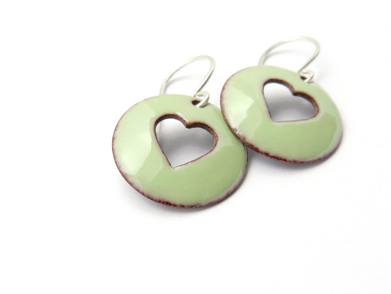 Pastel Green Heart Earrings with Sterling Silver Earwires, Enamel Jewelry image 2