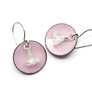 Pink Flower Earrings with Pastel Enamel, Frosted Glass Flowers and Sterling Silver Earwires image 1