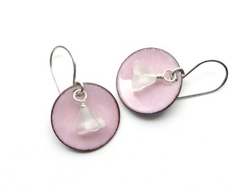 Pink Flower Earrings with Pastel Enamel, Frosted Glass Flowers and Sterling Silver Earwires