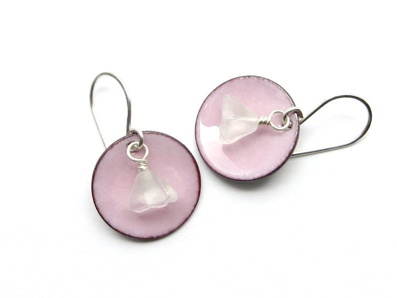 Pink Flower Earrings with Pastel Enamel, Frosted Glass Flowers and Sterling Silver Earwires image 1