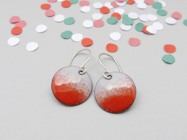 Small Gray and Red Dangle Earrings with Sterling Silver Earwires, Enamel Earrings image 5