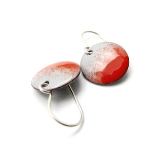 Small Gray and Red Dangle Earrings with Sterling Silver Earwires, Enamel Earrings image 4