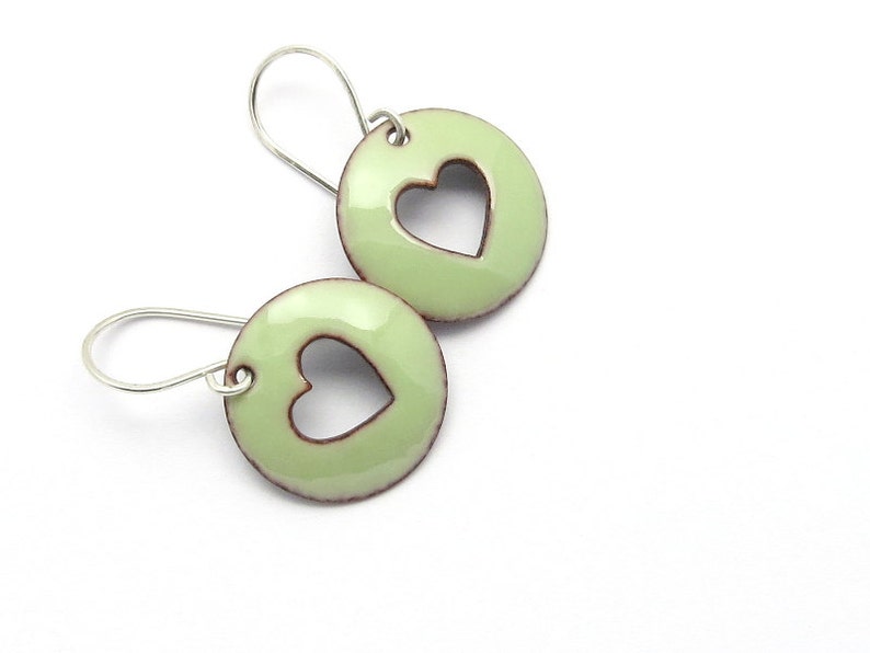 Pastel Green Heart Earrings with Sterling Silver Earwires, Enamel Jewelry image 1