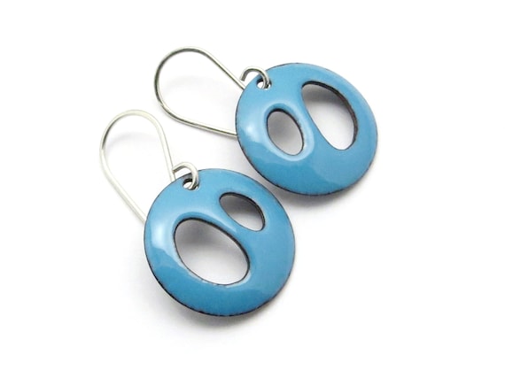 Aqua Blue Enamel Earrings, Lightweight and Modern Earrings with Sterling Silver Earwires